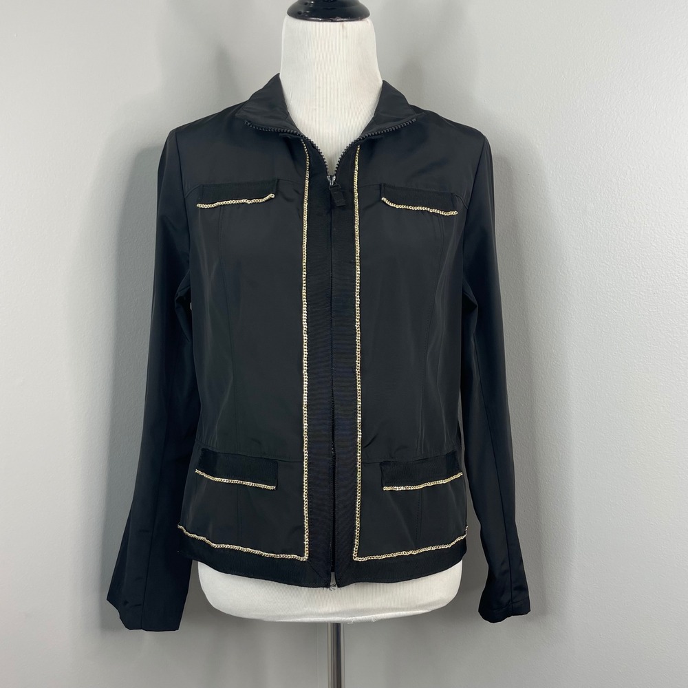 Zenergy by Chicos Softshell Windbreaker Black Gold Chain Trim Jacket Size 1 M